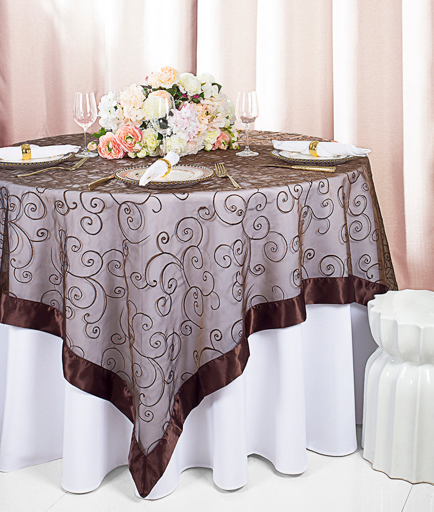 Chocolate Embroidered Organza Table Overlays Wholesale – Wedding Linens ...