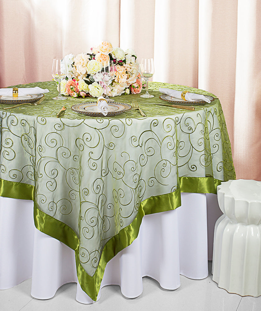 85"x85" Seamless Square Embroidered Organza Tablecloth/Table Overlay - Moss Green (1pc)