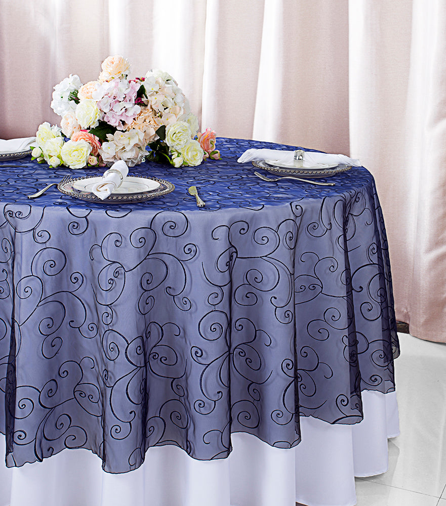 90" Seamless Round Embroidered Organza Tablecloth/Table Overlay - Navy Blue (1pc)