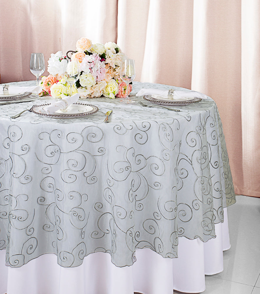 90" Seamless Round Embroidered Organza Tablecloth/Table Overlays - Silver (1pc)