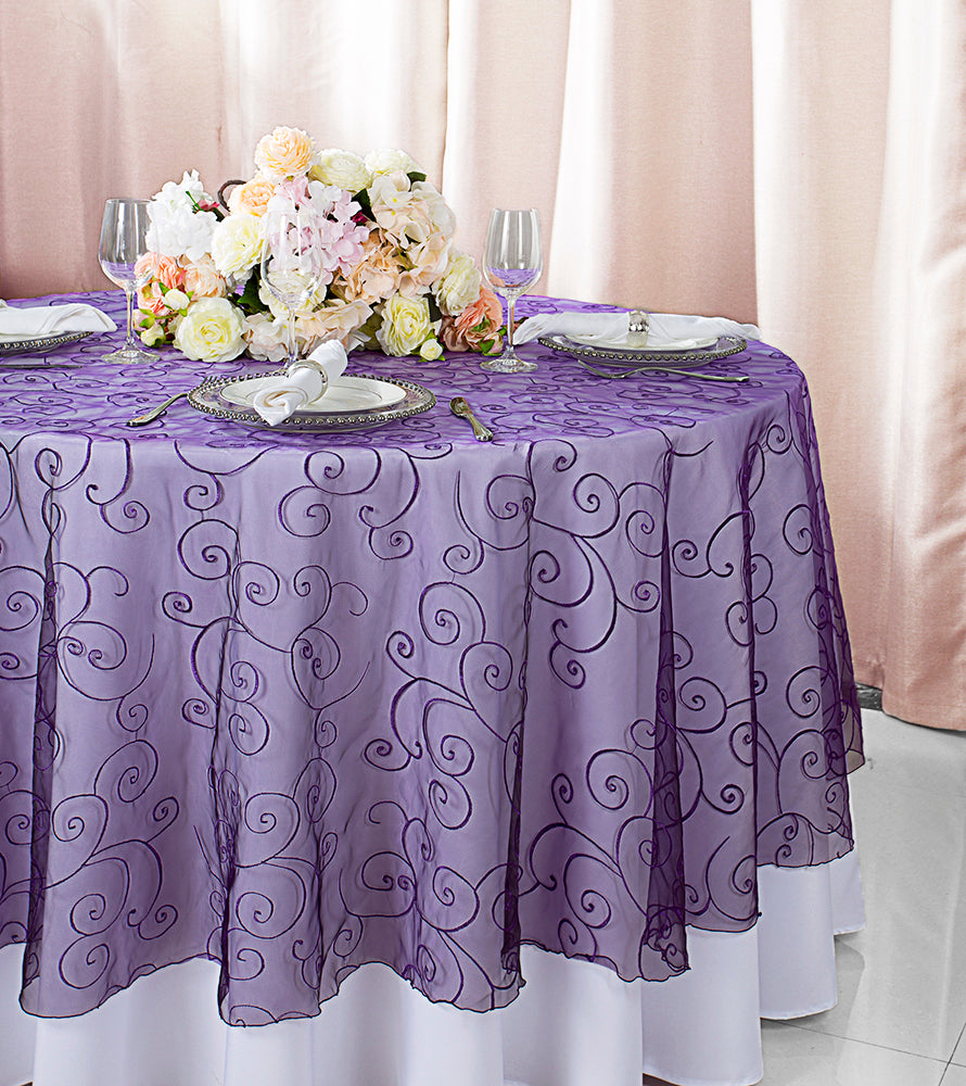 90" Seamless Round Embroidered Organza Tablecloth/Table Overlays - Eggplant (1pc)