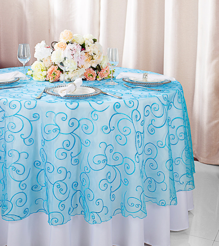 90" Seamless Round  Embroidered Organza Tablecloth/Table Overlays - Turquoise (1pc)