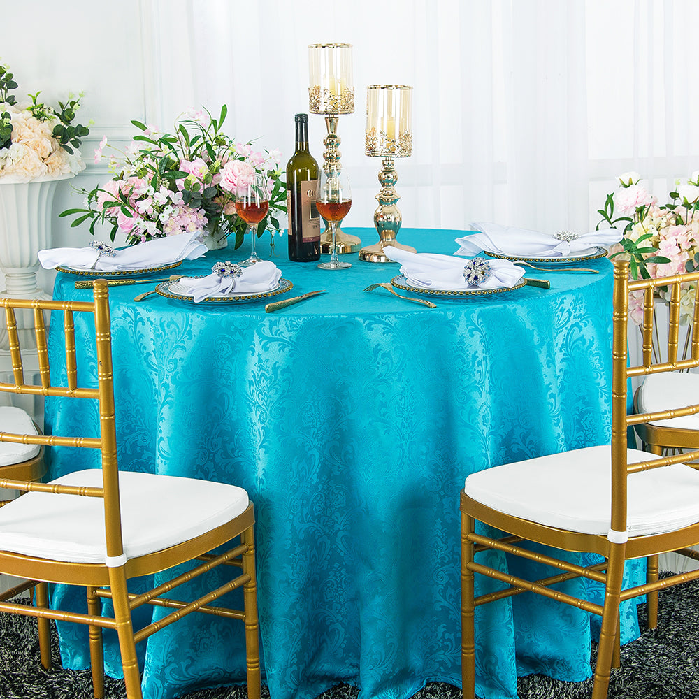 90" Seamless Round Floral Damask Jacquard Polyester (220 GSM) Tablecloth - Turquoise (1pc)