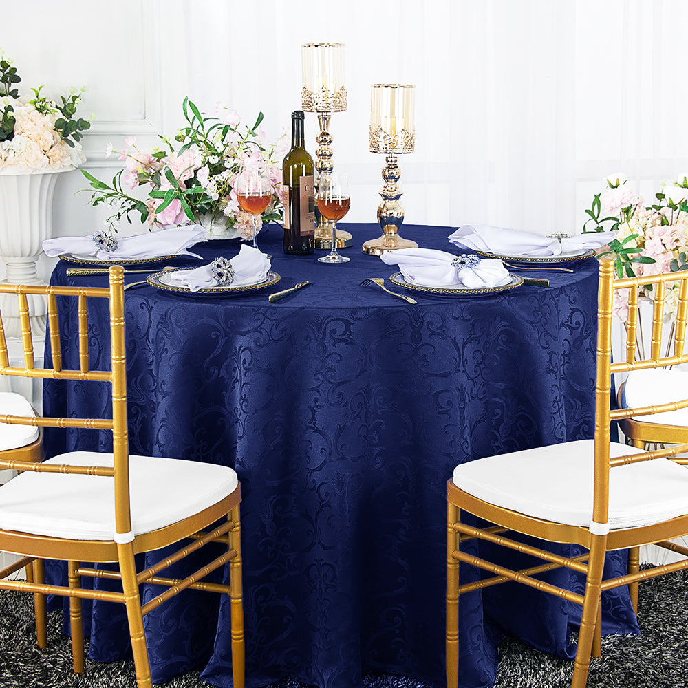 Nappe ronde en polyester jacquard damassé Versailles Chopin de 90 po - Bleu marine (1 pièce)