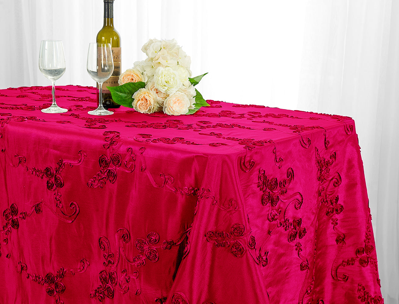 Fusia Rectangle 90x156 Fuchsia Rectangle Ribbon Taffeta Tablecloths – Wedding Linens Inc.